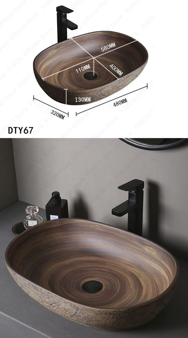 Brown Ceramic Vessel Sink Vanity Bowl Oval Bathroom Table Sink Lavatory Balcony Art Basin Above Counter Pedestal Washing Basin