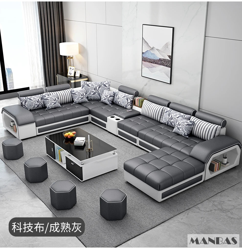 MINGDIBAO Fabric Sofa Set Furniture Living Room Sofa Set with USB and Stools / Big U Shape Cloth Couch Sofas for Home Furniture
