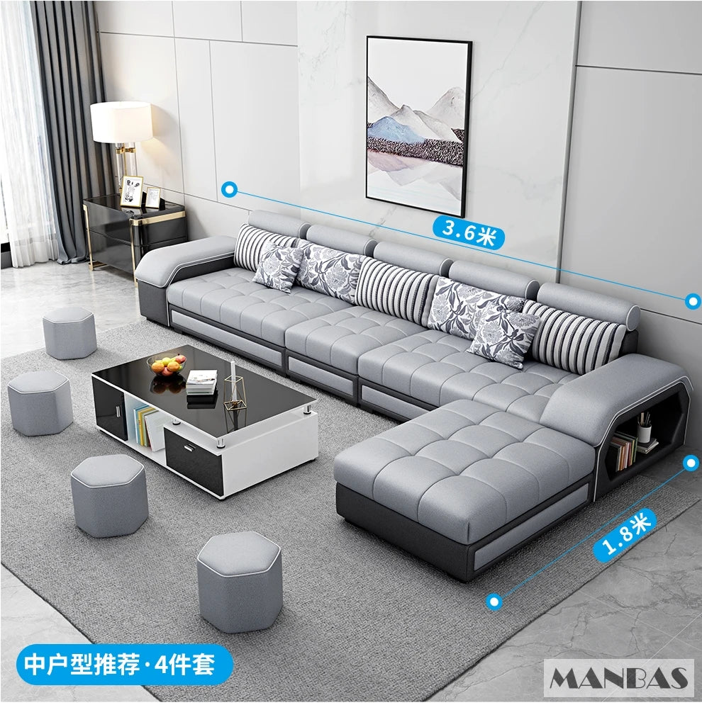 MINGDIBAO Fabric Sofa Set Furniture Living Room Sofa Set with USB and Stools / Big U Shape Cloth Couch Sofas for Home Furniture