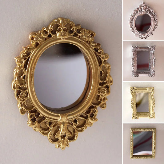 1PC Mini Mirror Model Gold Silver 1:12 Classic Resin Crown Mirror Photo Frame Dollhouse Miniature Mirror Decor Accessories