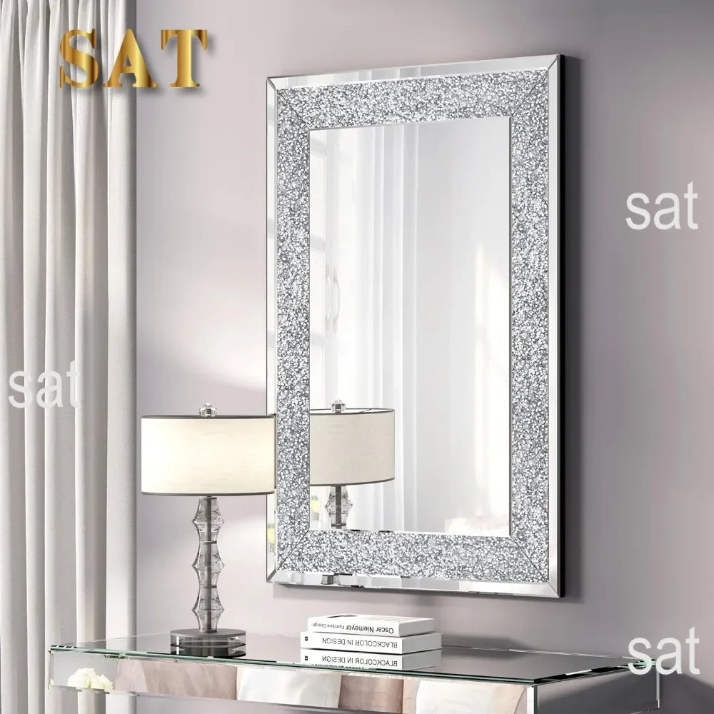 Crystal Crush Diamond Wall Mirror, 46.5 x 30.5 Inch Silver Mirror for Wall Decor, Large Wall Mirrors for Living Room, Bathroom
