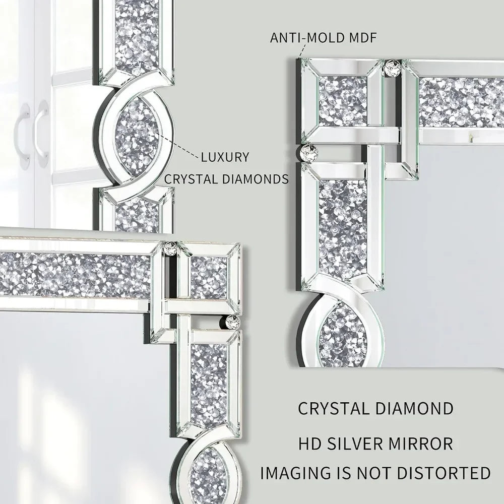 Crystal Crush Diamond Wall Mirror, 46.5 x 30.5 Inch Silver Mirror for Wall Decor, Large Wall Mirrors for Living Room, Bathroom