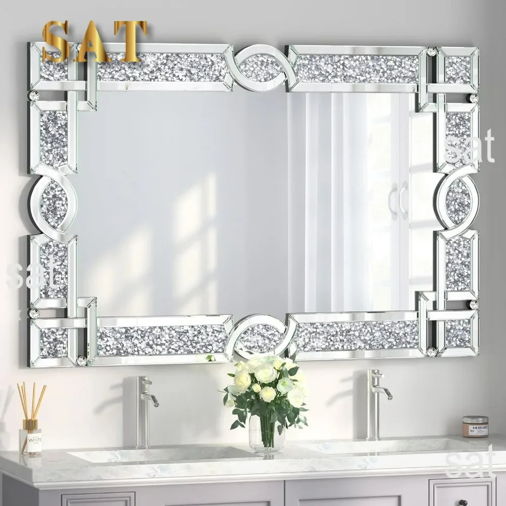 Crystal Crush Diamond Wall Mirror, 46.5 x 30.5 Inch Silver Mirror for Wall Decor, Large Wall Mirrors for Living Room, Bathroom
