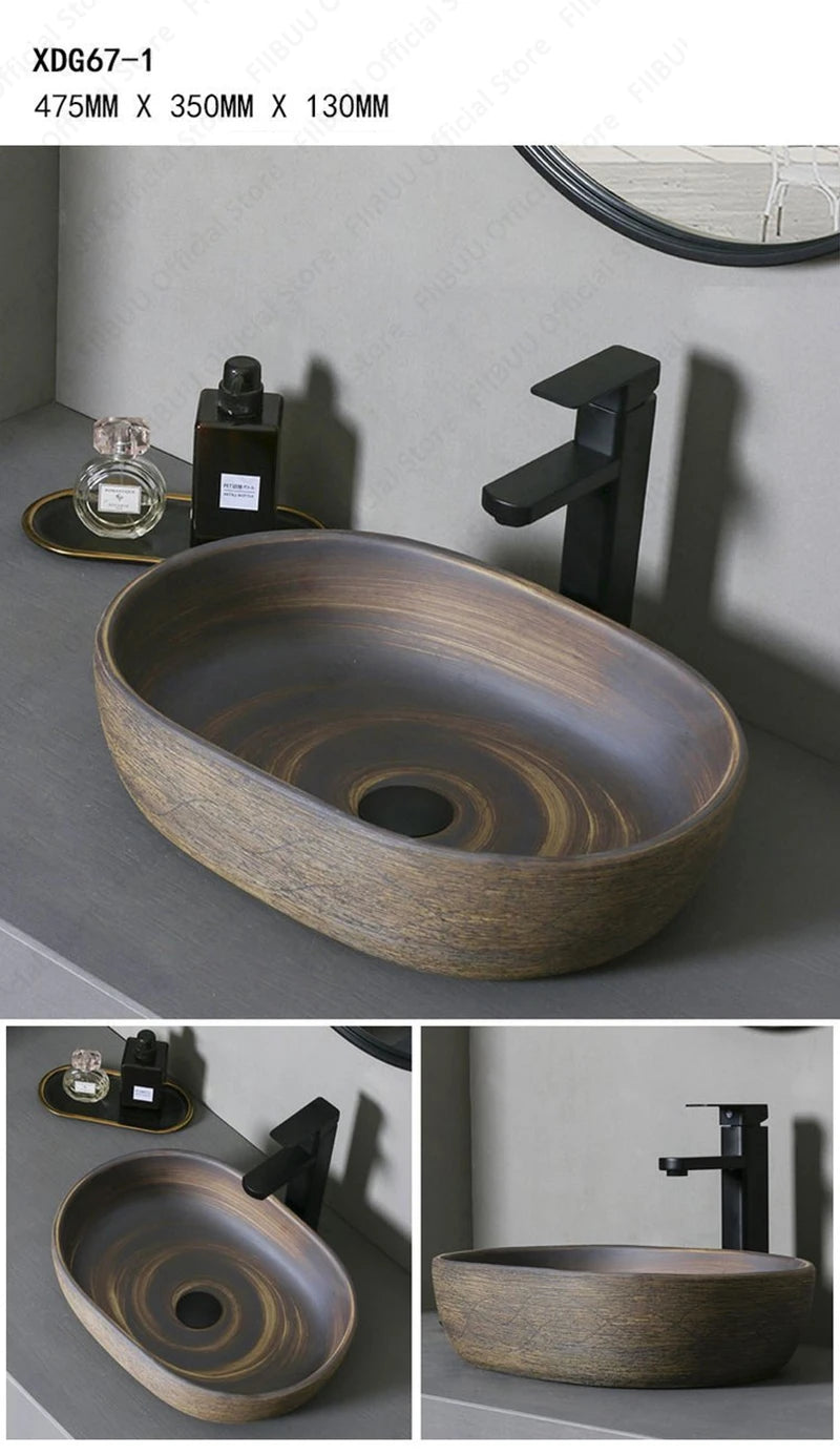 Brown Ceramic Vessel Sink Vanity Bowl Oval Bathroom Table Sink Lavatory Balcony Art Basin Above Counter Pedestal Washing Basin