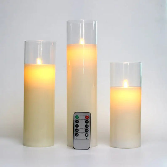 LED Candles with Remote Control Cycling Timer 8" 10" 12" Glass Flameless Candles Battery Operated Real Wax Pillars Glass