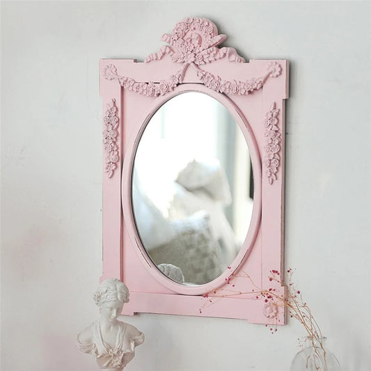 French Retro Makeup Mirror Dressing Table Pink Princess Decorative Mirror Wooden Resin Hand-carved Wall Mirror Wall Home Decor