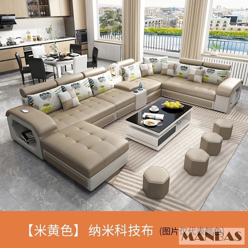 MINGDIBAO Fabric Sofa Set Furniture Living Room Sofa Set with USB and Stools / Big U Shape Cloth Couch Sofas for Home Furniture