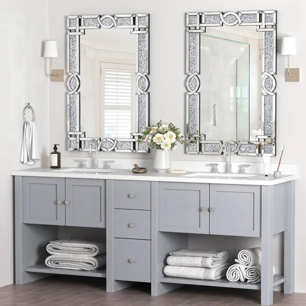 Crystal Crush Diamond Wall Mirror, 46.5 x 30.5 Inch Silver Mirror for Wall Decor, Large Wall Mirrors for Living Room, Bathroom
