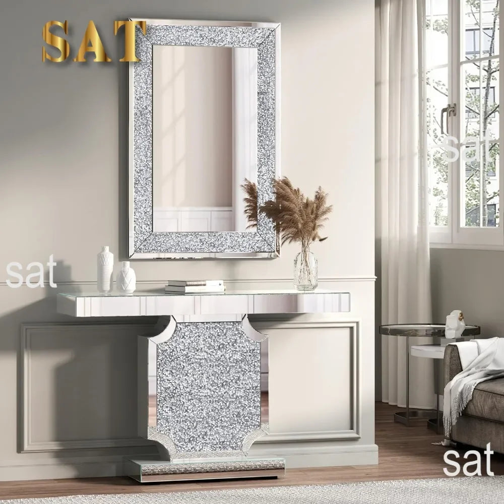 Crystal Crush Diamond Wall Mirror, 46.5 x 30.5 Inch Silver Mirror for Wall Decor, Large Wall Mirrors for Living Room, Bathroom