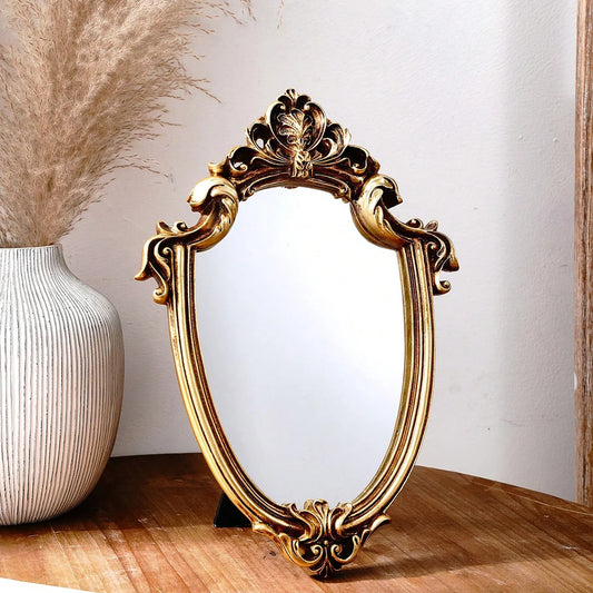 1 PC, resin material European classical style gold pattern special-shaped mirror ornament, can be hung or placed