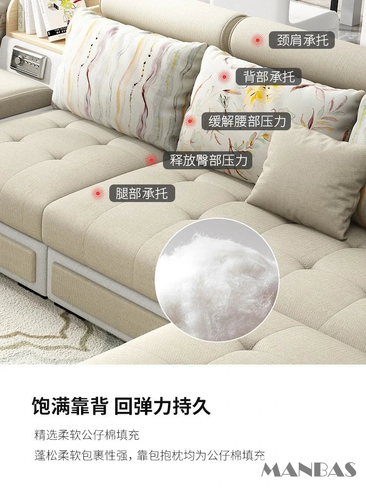 MINGDIBAO Fabric Sofa Set Furniture Living Room Sofa Set with USB and Stools / Big U Shape Cloth Couch Sofas for Home Furniture