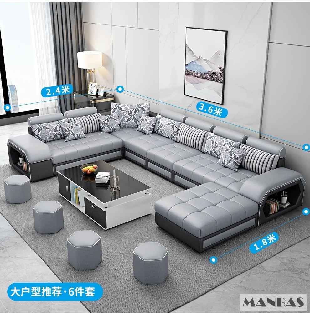 MINGDIBAO Fabric Sofa Set Furniture Living Room Sofa Set with USB and Stools / Big U Shape Cloth Couch Sofas for Home Furniture