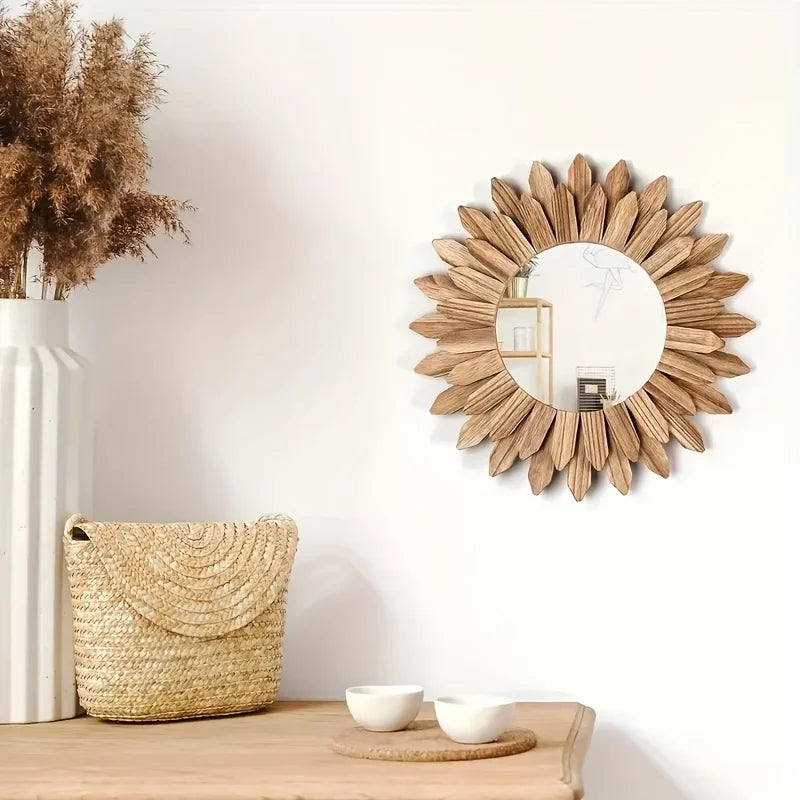 Bohemian Sunflower Style Mirror, Wall Mirror, Wooden Decorative Mirror, Bedroom Living Room Wall Mirror, Home Decoration