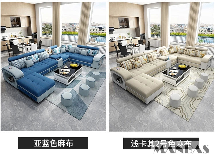 MINGDIBAO Fabric Sofa Set Furniture Living Room Sofa Set with USB and Stools / Big U Shape Cloth Couch Sofas for Home Furniture