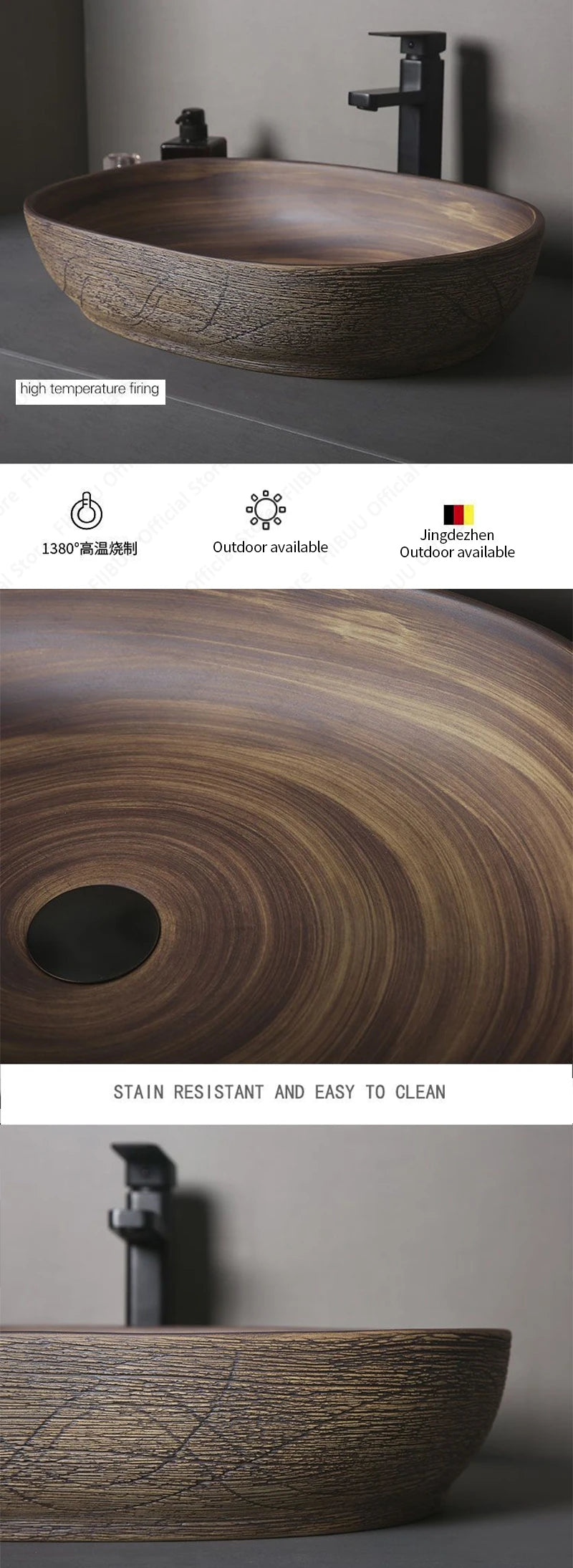 Brown Ceramic Vessel Sink Vanity Bowl Oval Bathroom Table Sink Lavatory Balcony Art Basin Above Counter Pedestal Washing Basin