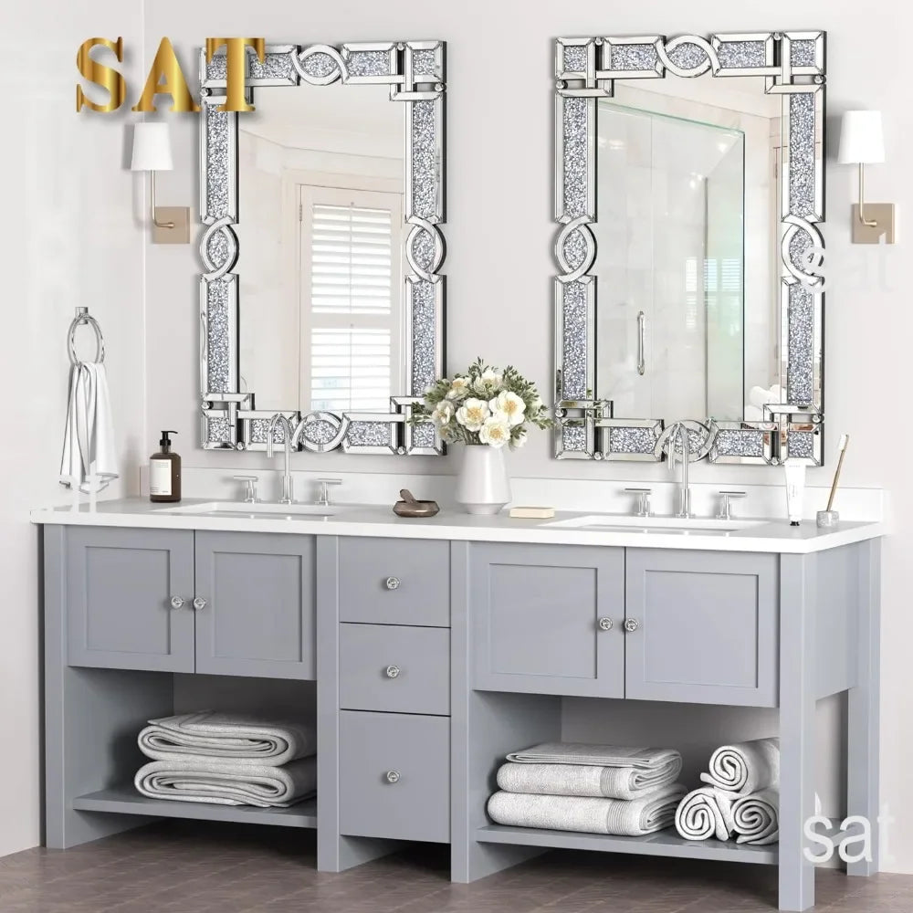 Crystal Crush Diamond Wall Mirror, 46.5 x 30.5 Inch Silver Mirror for Wall Decor, Large Wall Mirrors for Living Room, Bathroom