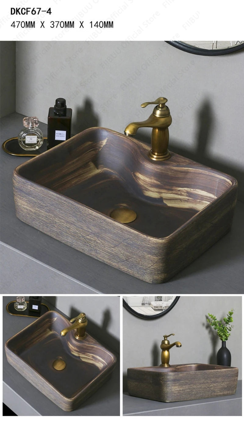 Brown Ceramic Vessel Sink Vanity Bowl Oval Bathroom Table Sink Lavatory Balcony Art Basin Above Counter Pedestal Washing Basin