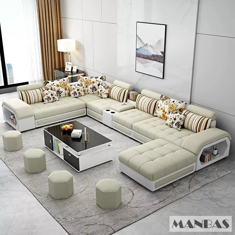 MINGDIBAO Fabric Sofa Set Furniture Living Room Sofa Set with USB and Stools / Big U Shape Cloth Couch Sofas for Home Furniture