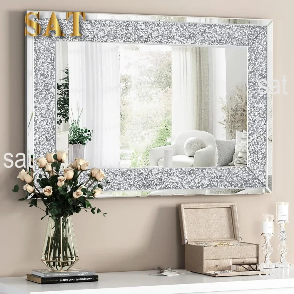 Crystal Crush Diamond Wall Mirror, 46.5 x 30.5 Inch Silver Mirror for Wall Decor, Large Wall Mirrors for Living Room, Bathroom