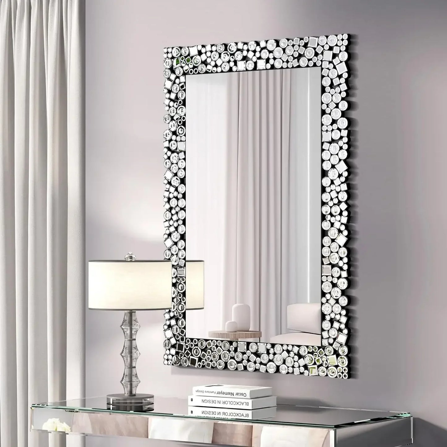Crystal Crush Diamond Wall Mirror, 46.5 x 30.5 Inch Silver Mirror for Wall Decor, Large Wall Mirrors for Living Room, Bathroom