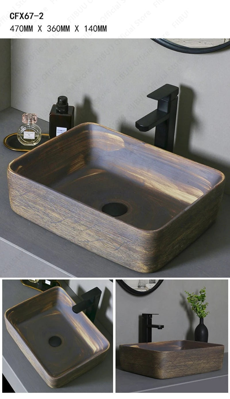 Brown Ceramic Vessel Sink Vanity Bowl Oval Bathroom Table Sink Lavatory Balcony Art Basin Above Counter Pedestal Washing Basin