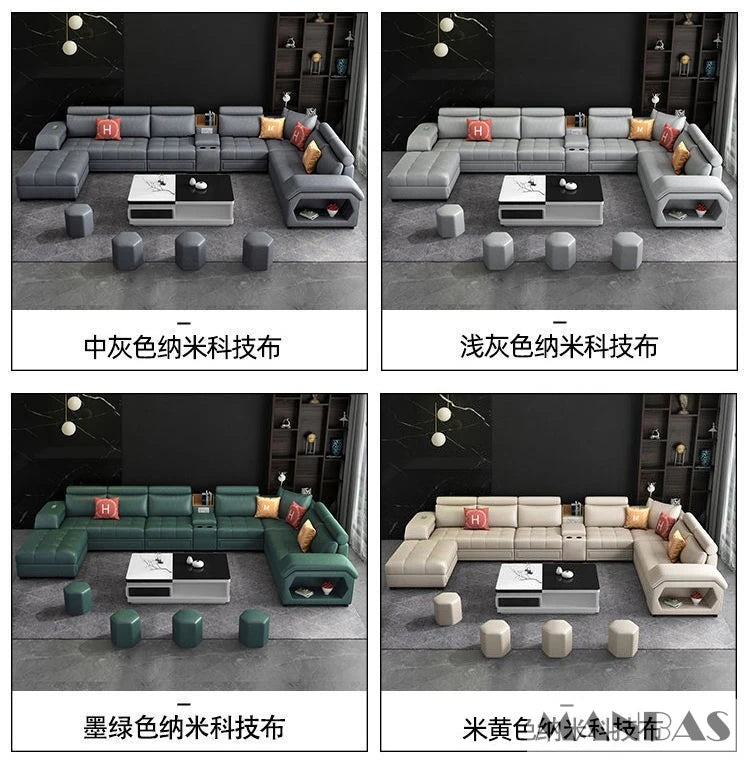 MINGDIBAO Fabric Sofa Set Furniture Living Room Sofa Set with USB and Stools / Big U Shape Cloth Couch Sofas for Home Furniture