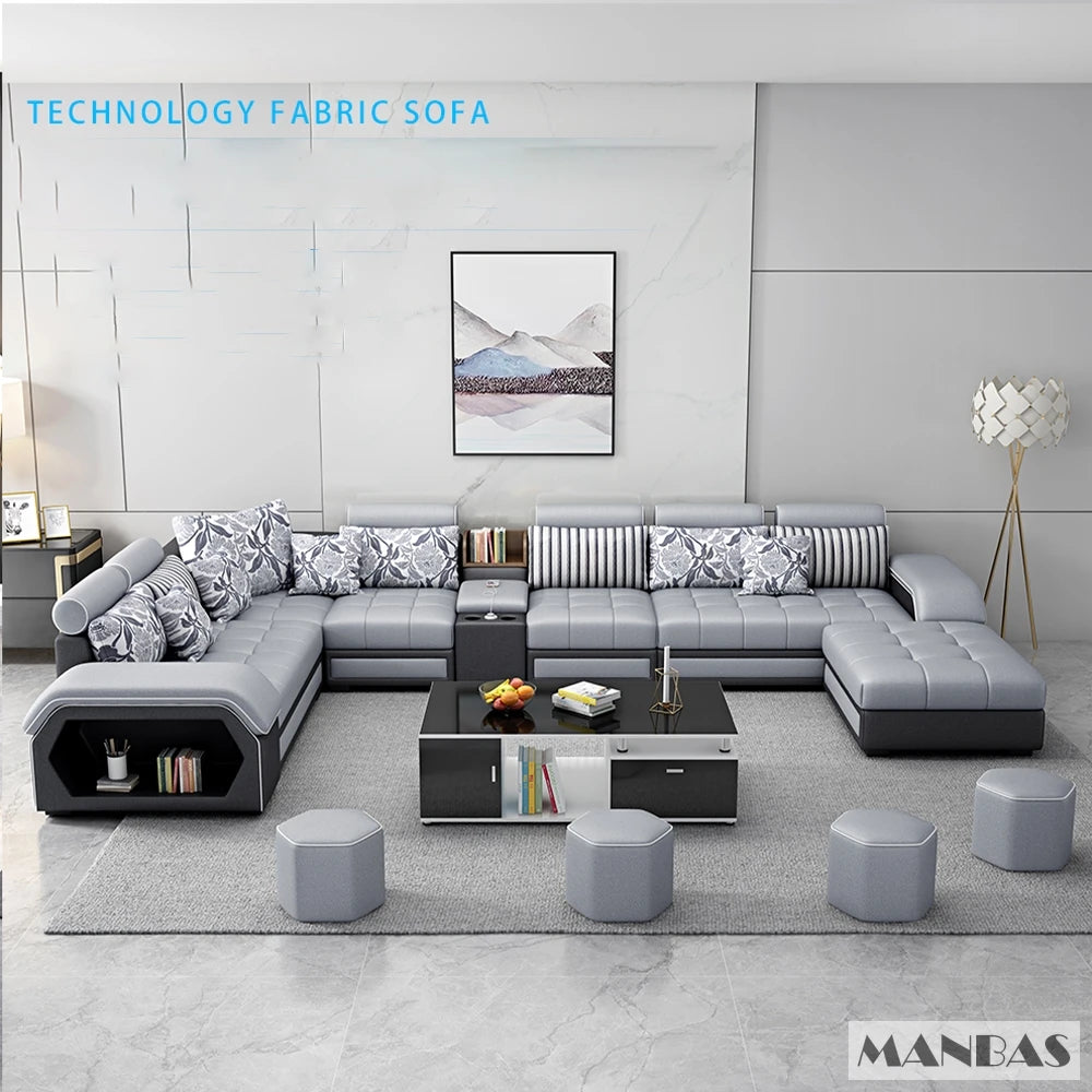 MINGDIBAO Fabric Sofa Set Furniture Living Room Sofa Set with USB and Stools / Big U Shape Cloth Couch Sofas for Home Furniture