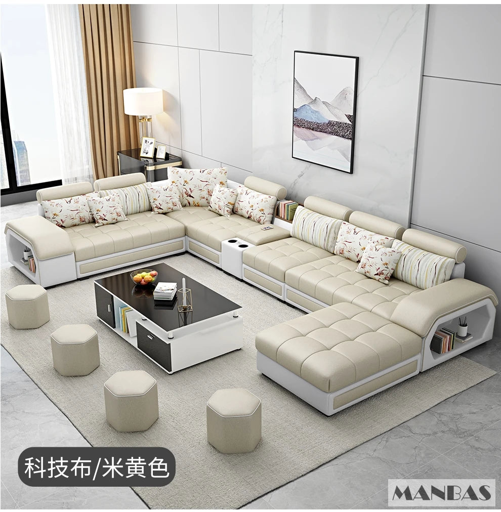 MINGDIBAO Fabric Sofa Set Furniture Living Room Sofa Set with USB and Stools / Big U Shape Cloth Couch Sofas for Home Furniture