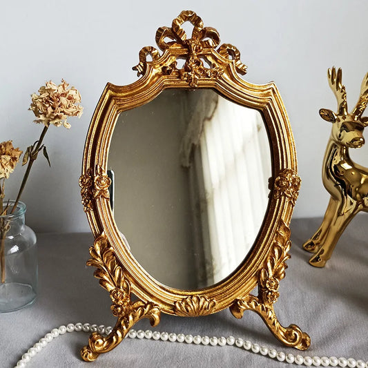 European Style Makeup Mirror Desktop Creative Single-sided Golden Carved Retro Resin Mirror Living Room Wall Decoration Mirror
