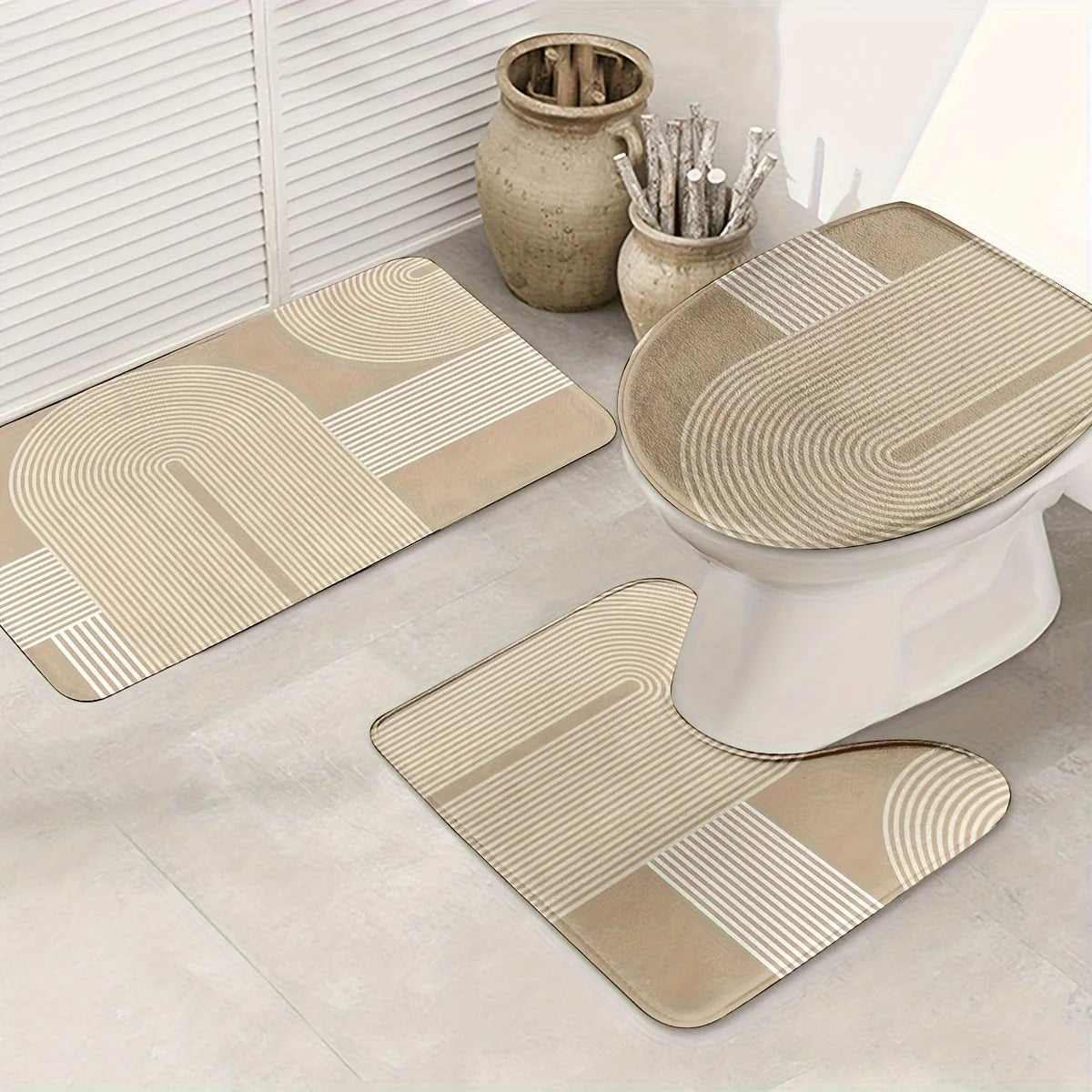 3 Piece Scandinavian Bathroom Mat Set - Non-Slip Washable Rug with Toilet Seat Cover and Contour Mat for Bathroom Decor