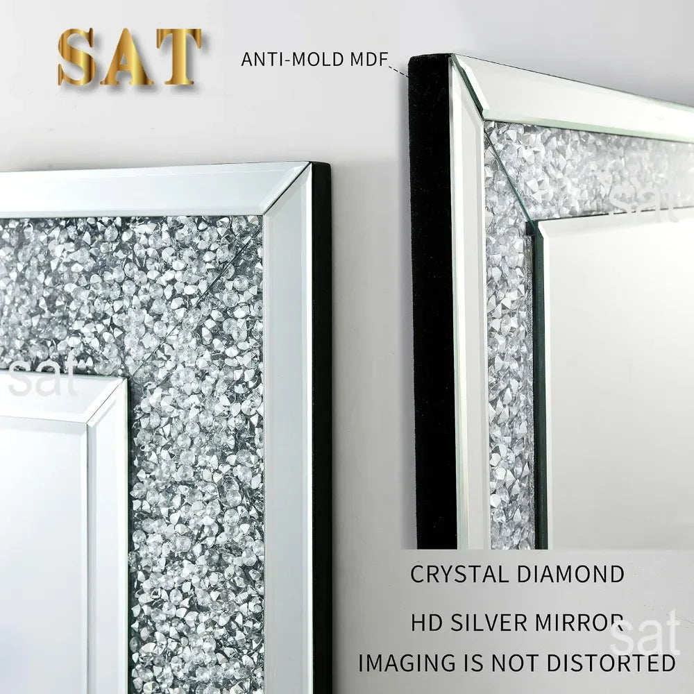 Crystal Crush Diamond Wall Mirror, 46.5 x 30.5 Inch Silver Mirror for Wall Decor, Large Wall Mirrors for Living Room, Bathroom