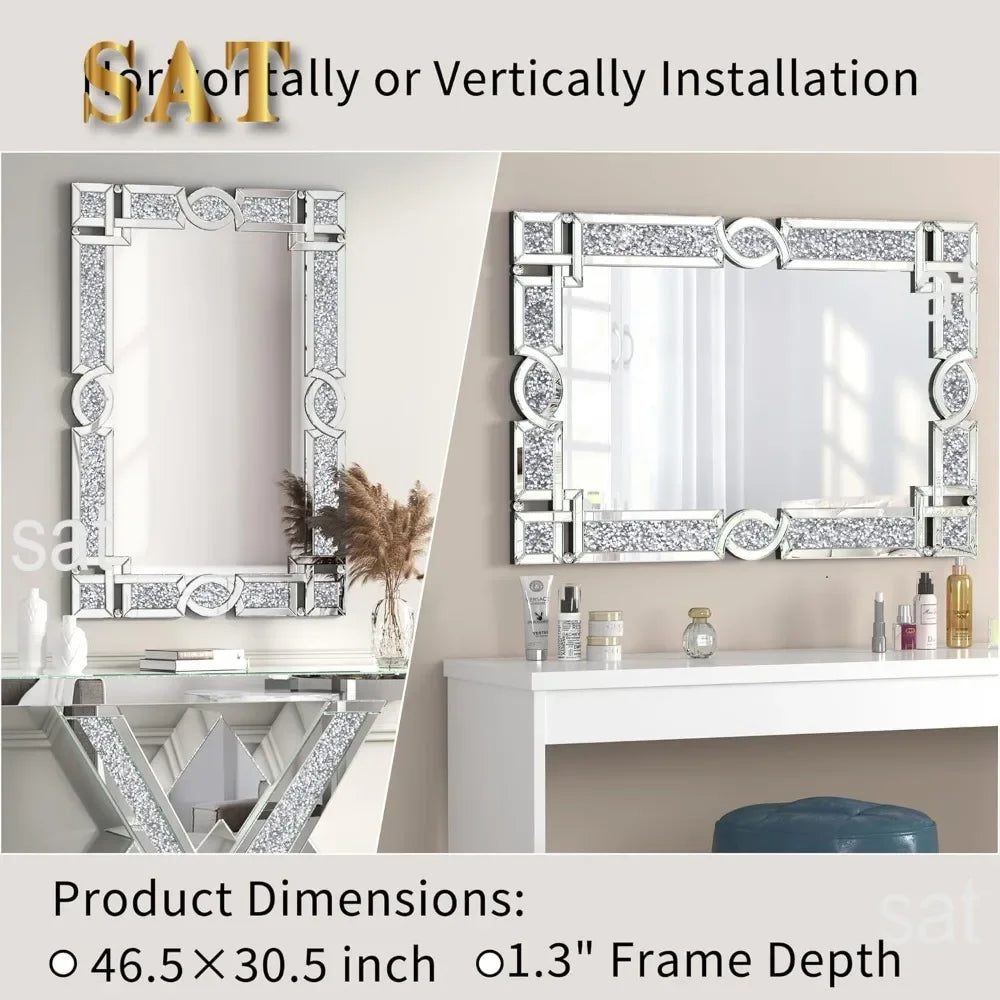 Crystal Crush Diamond Wall Mirror, 46.5 x 30.5 Inch Silver Mirror for Wall Decor, Large Wall Mirrors for Living Room, Bathroom