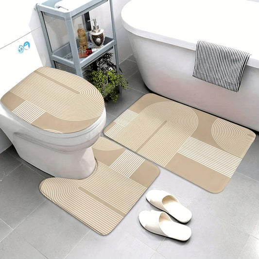 3 Piece Scandinavian Bathroom Mat Set - Non-Slip Washable Rug with Toilet Seat Cover and Contour Mat for Bathroom Decor