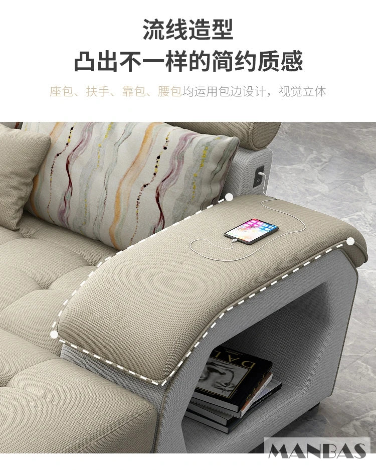 MINGDIBAO Fabric Sofa Set Furniture Living Room Sofa Set with USB and Stools / Big U Shape Cloth Couch Sofas for Home Furniture