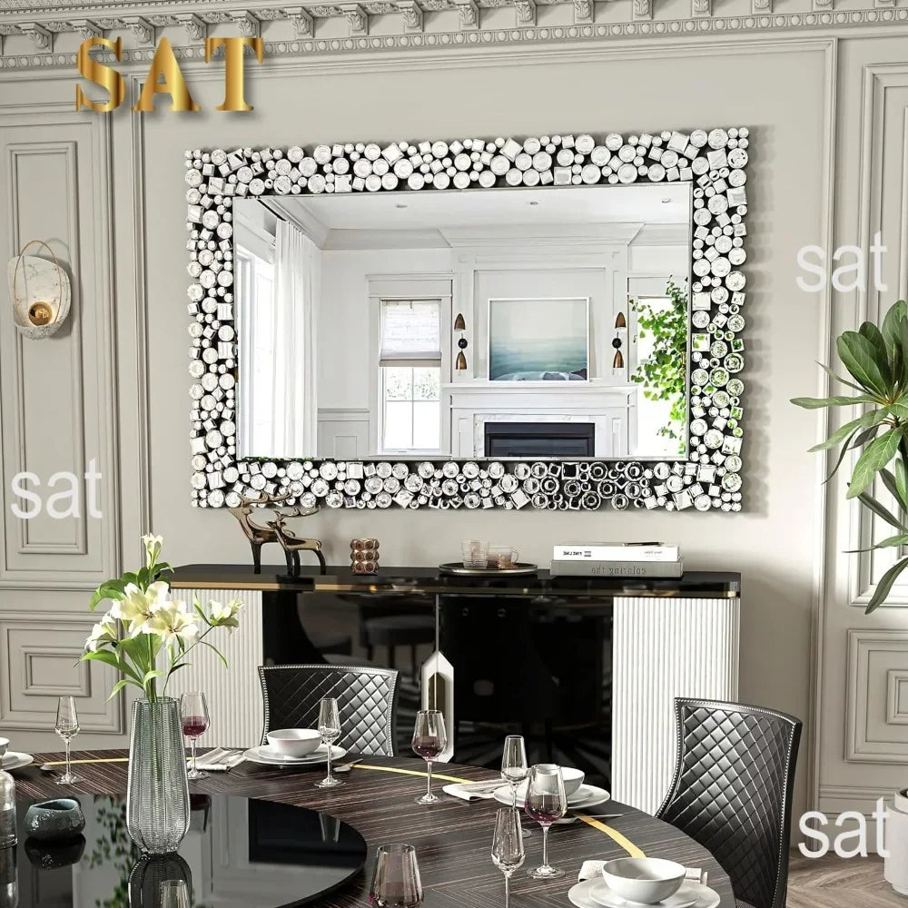 Crystal Crush Diamond Wall Mirror, 46.5 x 30.5 Inch Silver Mirror for Wall Decor, Large Wall Mirrors for Living Room, Bathroom
