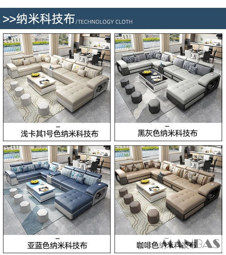 MINGDIBAO Fabric Sofa Set Furniture Living Room Sofa Set with USB and Stools / Big U Shape Cloth Couch Sofas for Home Furniture