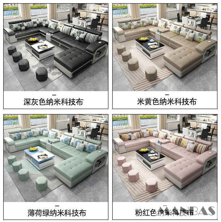 MINGDIBAO Fabric Sofa Set Furniture Living Room Sofa Set with USB and Stools / Big U Shape Cloth Couch Sofas for Home Furniture