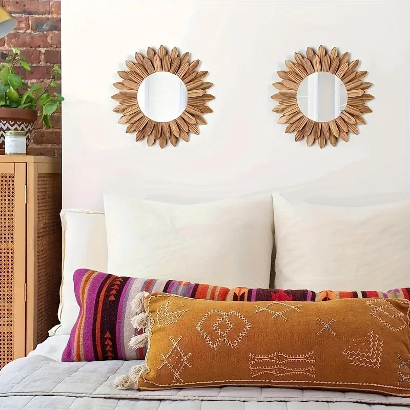Bohemian Sunflower Style Mirror, Wall Mirror, Wooden Decorative Mirror, Bedroom Living Room Wall Mirror, Home Decoration