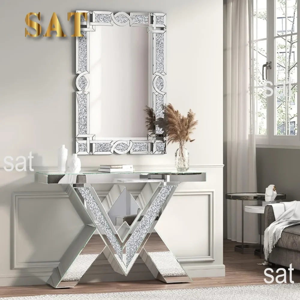 Crystal Crush Diamond Wall Mirror, 46.5 x 30.5 Inch Silver Mirror for Wall Decor, Large Wall Mirrors for Living Room, Bathroom