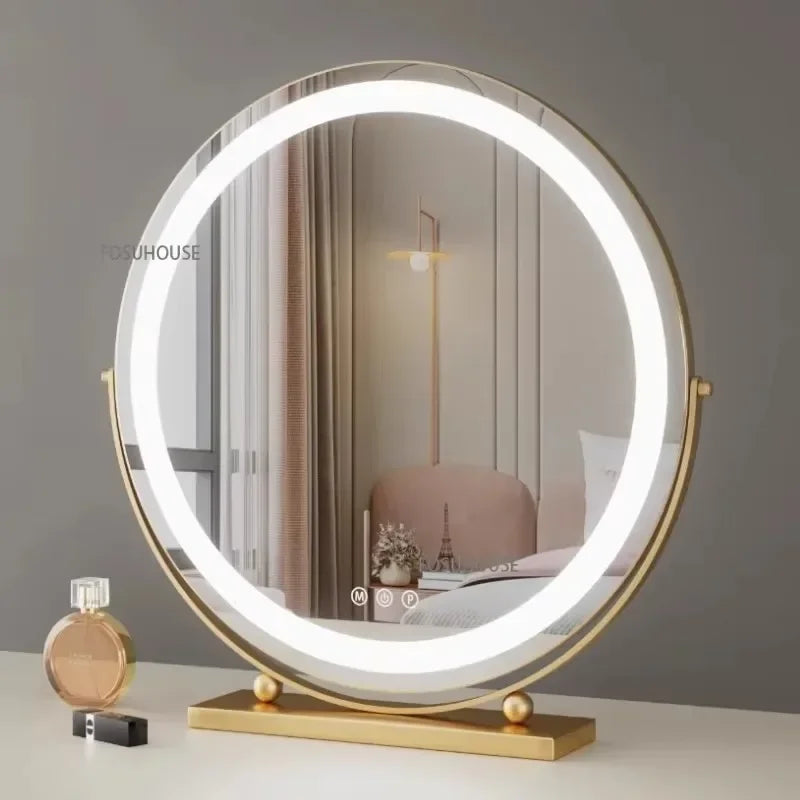 Modern Bedroom Dressing Table Round Mirrors Light Luxury Makeup Mirror with LED Light Desktop Fill Light Charging Smart Mirror